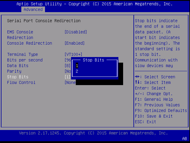image:「Serial Port Console Redirection」画面のスクリーンショット。