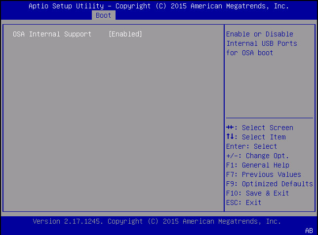 image:「OSA Internal support」画面を含む Boot メニューを示すスクリーンショット。