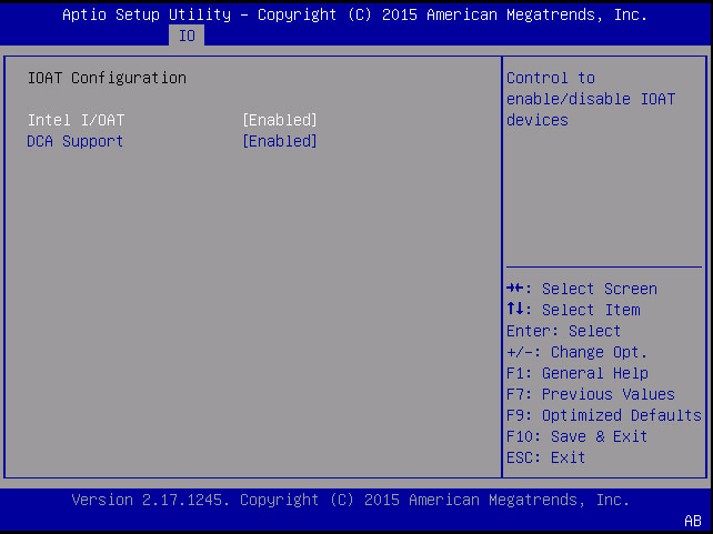 image:「IOAT Configuration」および「Intel I/OAT」が選択された状態の IO メニューを示すスクリーンショット。