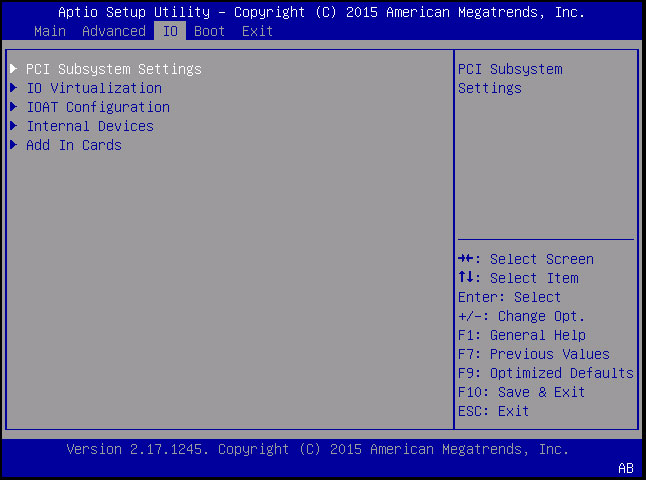 image:「PCI Subsystem Settings」が選択された状態の IO メニューを示すスクリーンショット。