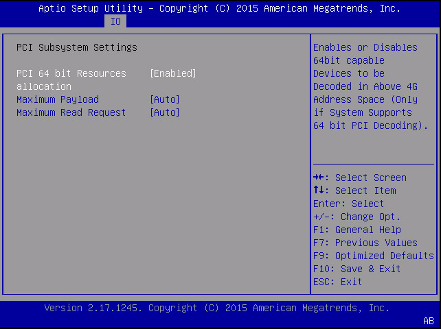 image:「PCI 64-bit resources allocation」が「enabled」になっている状態の IO メニューを示すスクリーンショット。