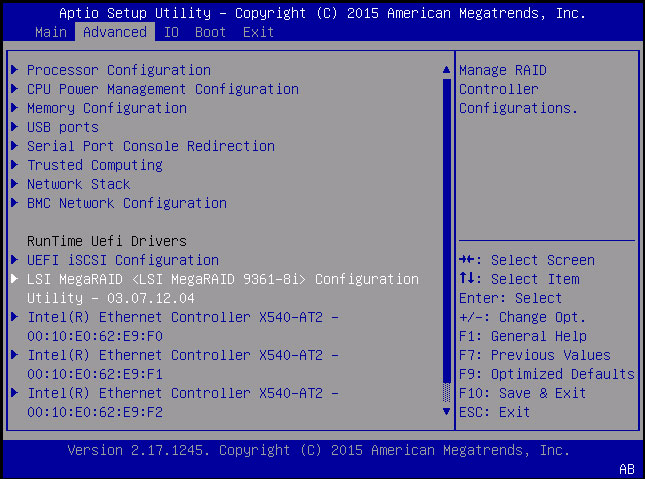 image:Advanced メニューの「LSI MegaRAID Configuration」の選択肢を示すスクリーンショット。