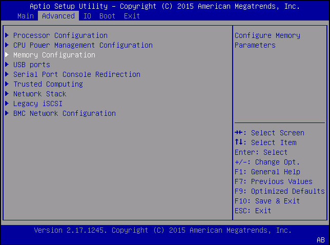 image:「Memory Configuration」が選択された状態の Advanced メニューを示すスクリーンショット。