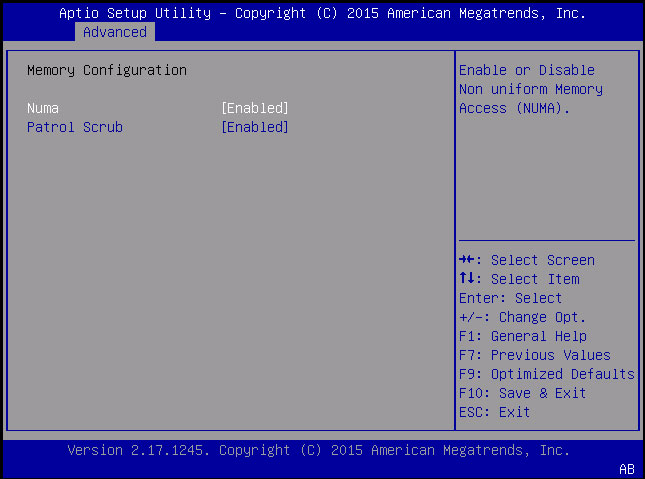 image:Advanced メニューの「Memory Configuration」メニューを示すスクリーンショット。