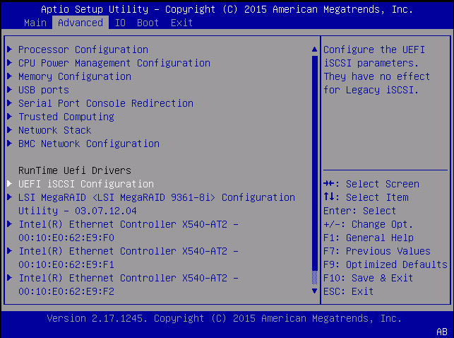 image:UEFI ブートモードの BIOS の Advanced メニューを示すスクリーンショット。