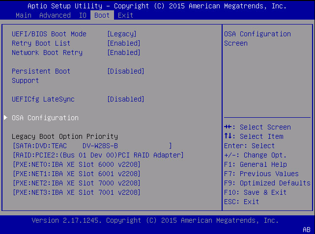 image:「OSA Configuration」が選択された状態の Boot メニューを示すスクリーンショット。
