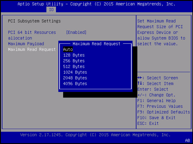 image:「64-bit Resource allocation」「Maximum Read Requests」を示すスクリーンショット。