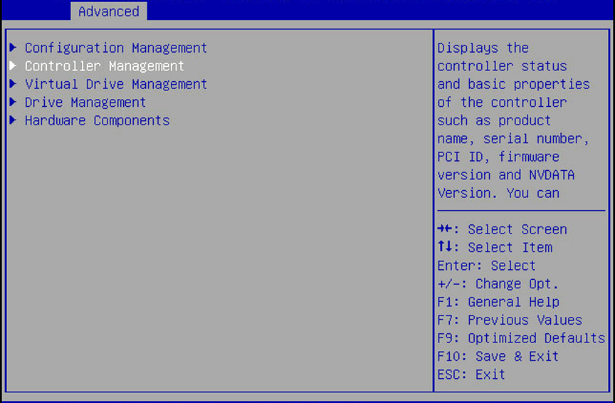 image:屏幕抓图中显示了 “Controller Management“ 选择 BIOS 屏幕。