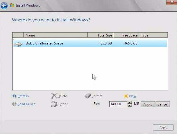 image:Where do you want to install windows?(Windows를 설치할 위치를 지정하십시오.) 화면입니다.