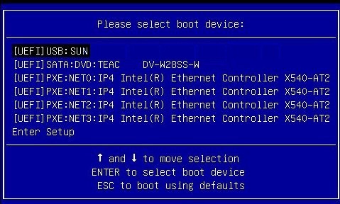 Gráfico en el que se muestra el menú Please Select Boot Device (Seleccione un dispositivo de inicio) en el modo de inicio UEFI. image:Gráfico en el que se muestra el menú Please Select Boot Device (Seleccione un dispositivo de inicio) en el modo de inicio UEFI.