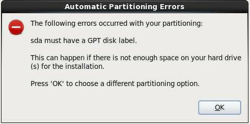 image:Pantalla Automatic Partitioning Errors (Errores de partición automática) de Oracle Linux 6.