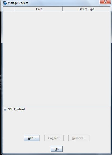 image:Pantalla en la que se muestra el cuadro de diálogo Storage Devices (Dispositivos de almacenamiento) de KVMS.