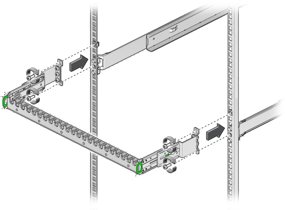 image:Illustration shows the cable management comb being installed to the                             rack.