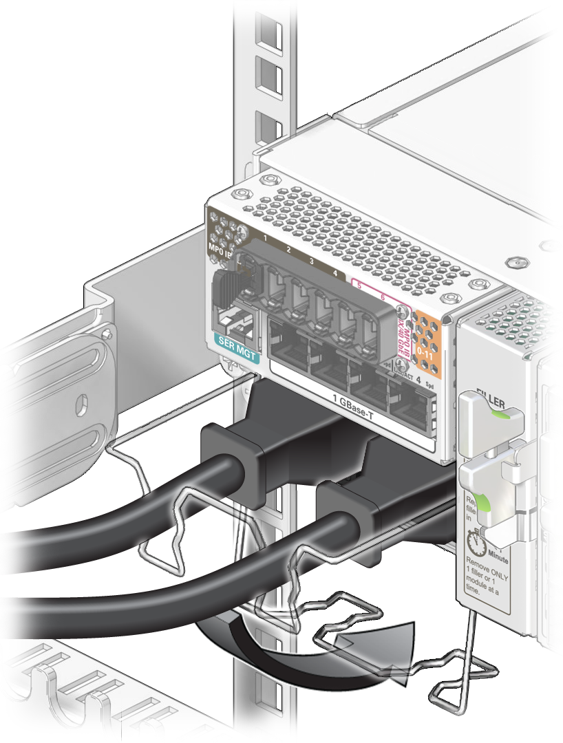 image:Figure showing how to lower the restraining clip securing the power                             cords.