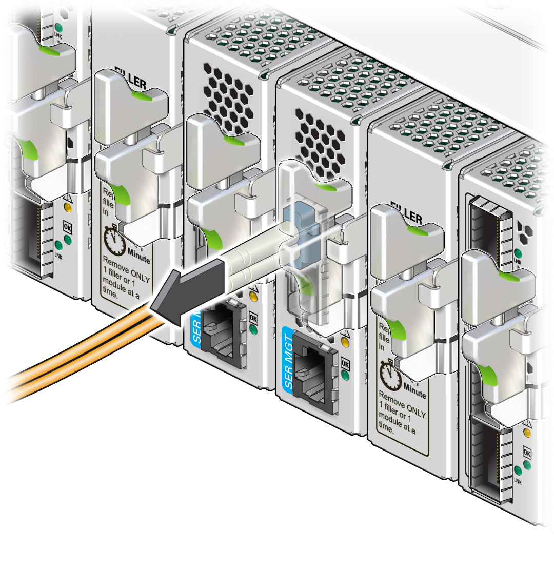 image:Figure showing how to remove an LC cable from an I/O                                     module.