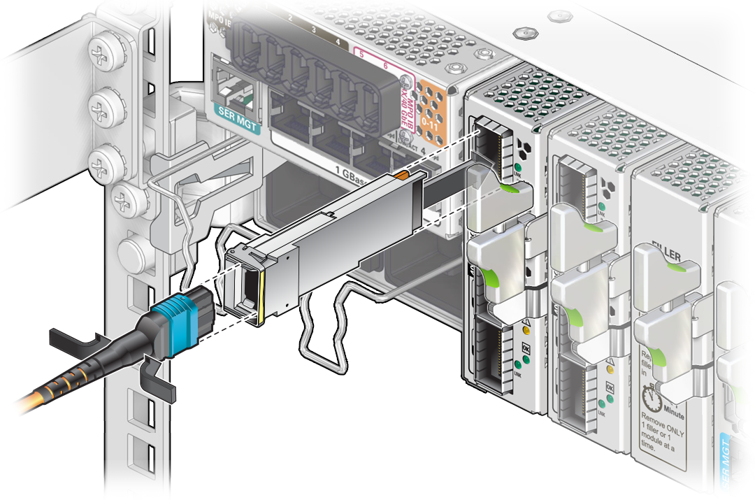 image:Figure shows inserting a QSFP and MTP/MPO connector and                                     cable for the Oracle F2 10Gb and 40GB I/O module