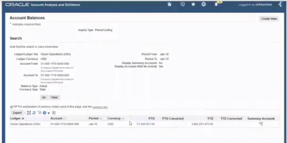 イメージはE-Business Suiteアプリケーションの「勘定科目残高」ページを示します。