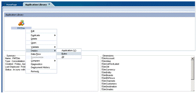 「FM7Dim」、「デプロイ」、「ルール」が選択されているEPM Workspaceの「アプリケーション・ライブラリ」タブ。