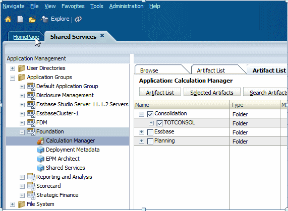 「Foundation」、「Calculation Manager」、「連結」、TOTCONSOLが選択されているShared Servicesコンソール。