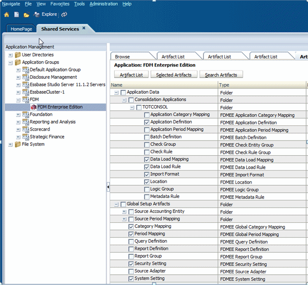 選択したすべての「FDM Enterprise Edition」アーティファクトが表示されたShared Servicesコンソール。