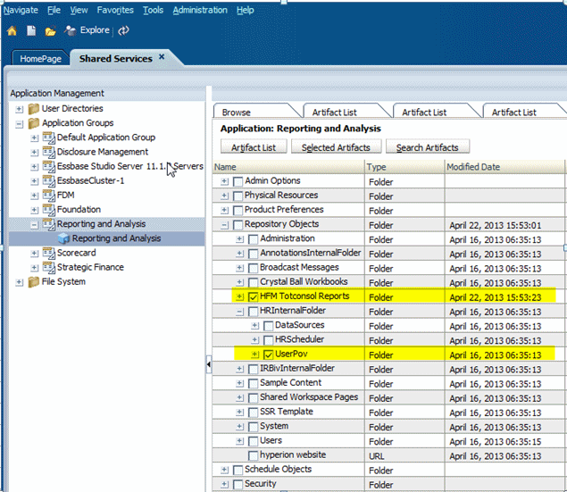 選択したHFM TotconsolレポートおよびUserPOVリポジトリ・オブジェクトが表示されたShared Servicesコンソール