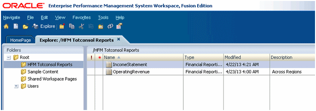 Workspaceに表示されているHFM Totconsolレポート