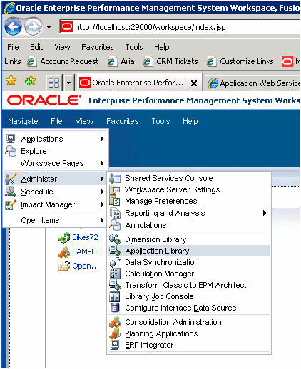 EPM Workspaceでのメニュー・パス「ナビゲート」、「管理」、「アプリケーション・ライブラリ」を示しています。