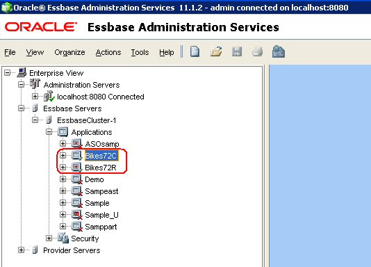 Essbaseキューブが正常にデプロイされたことを示しているEssbase Administration Servicesコンソール
