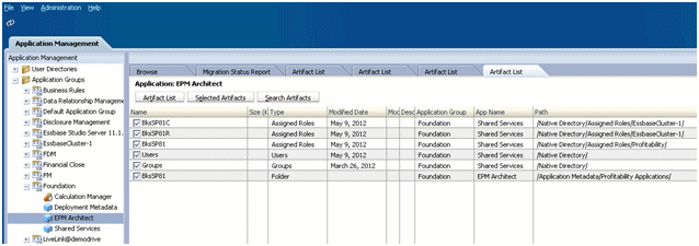 BksSP81C、BksSP81R、BksSP81、ユーザー、グループおよびBksSP81アーティファクトが選択されていることを示す「アーティファクト・リスト」タブ。