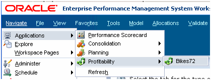 EPM Workspaceで、「ナビゲート」、「アプリケーション」、「Profitability」およびサンプル・アプリケーションが順に選択されていることを示しています