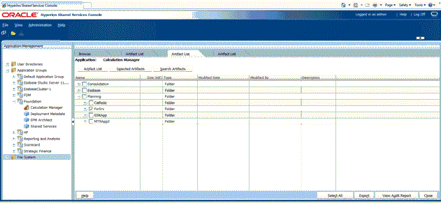 Shared Services Consoleで「Planning」、「FinSrv」が選択されています。
