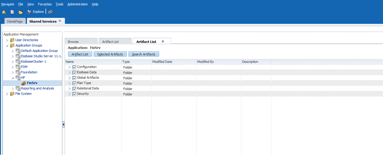 Shared Services Consoleですべてのアーティファクトが選択されています。