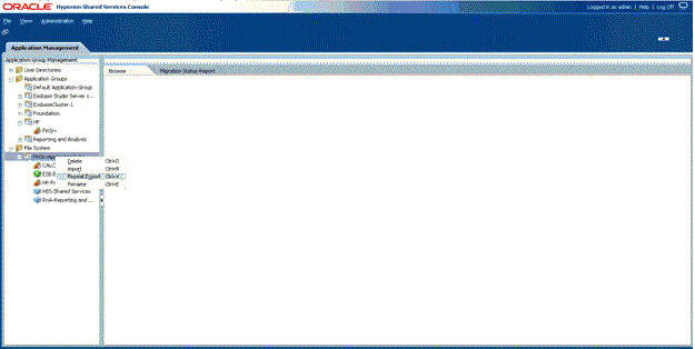 Shared Services Consoleで、FinSrvApplicationSuiteが強調表示されて「エクスポートの繰返し」が選択されています。