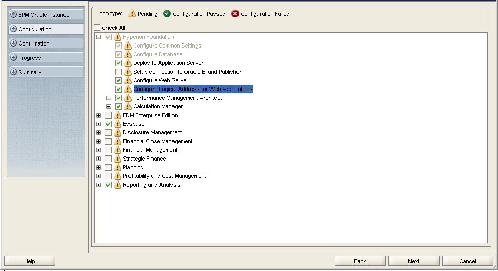 EPM Systemコンフィグレータのコンポーネント構成画面