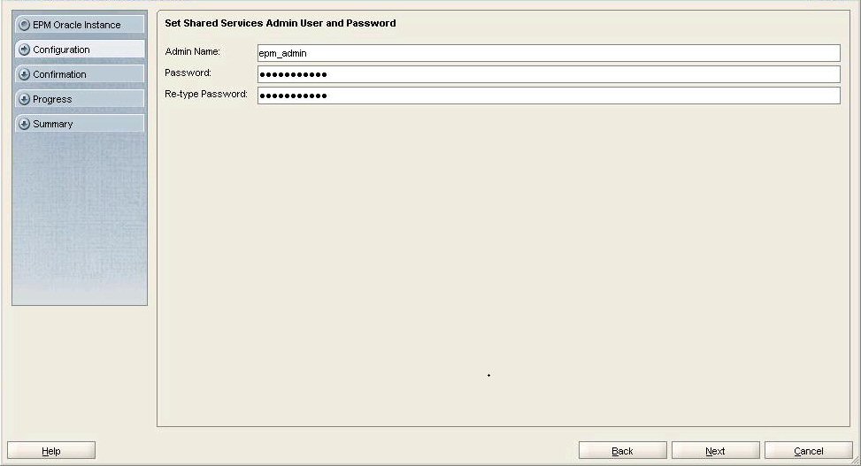 EPM Systemコンフィグレータの「Shared Servicesの管理ユーザーとパスワードの設定」画面