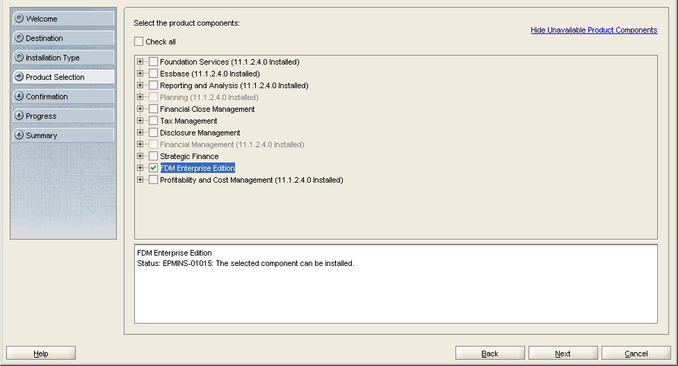 EPM Systemインストーラの「製品の選択」画面
