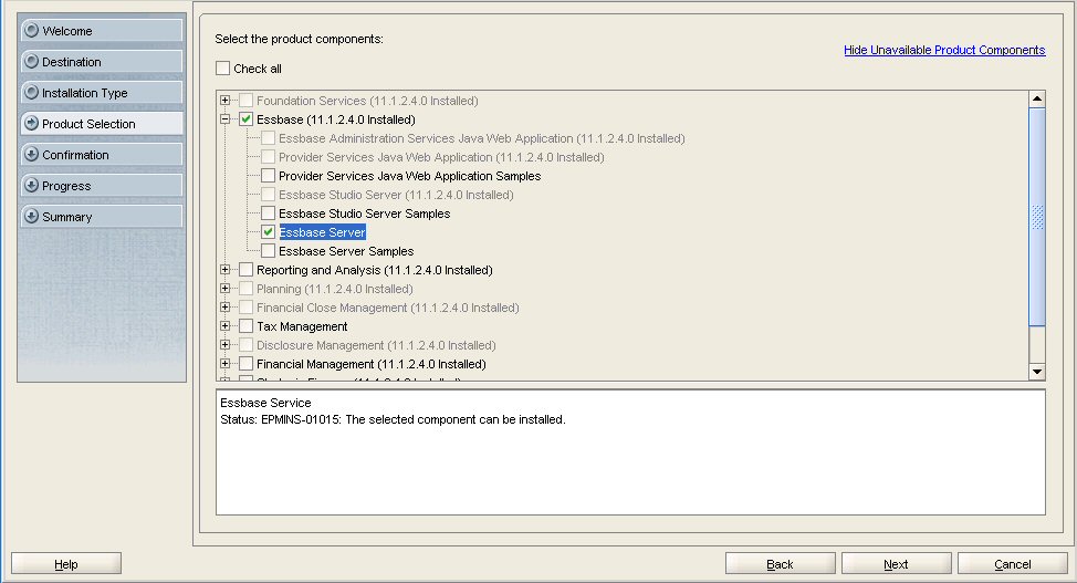 EPM Systemインストーラの「製品の選択」画面