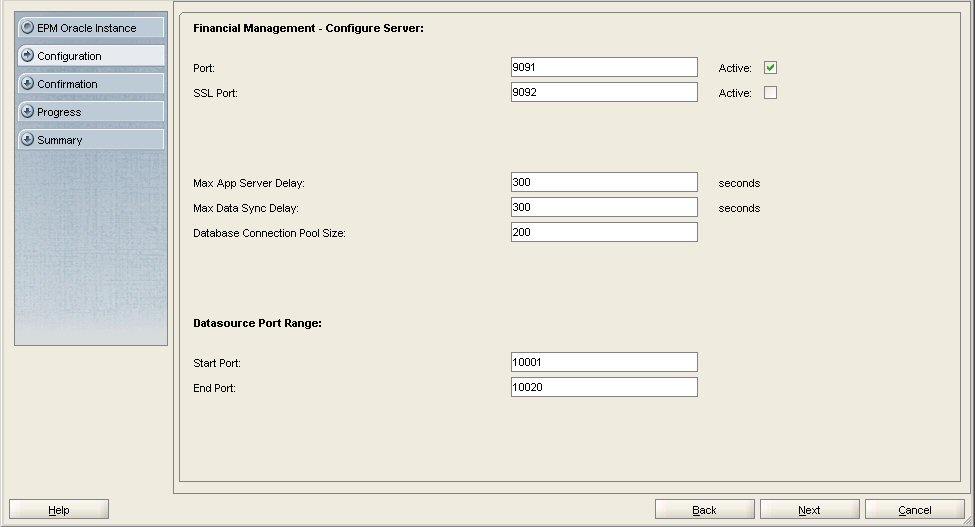 EPM Systemコンフィグレータの「Financial Management - サーバーの構成」画面