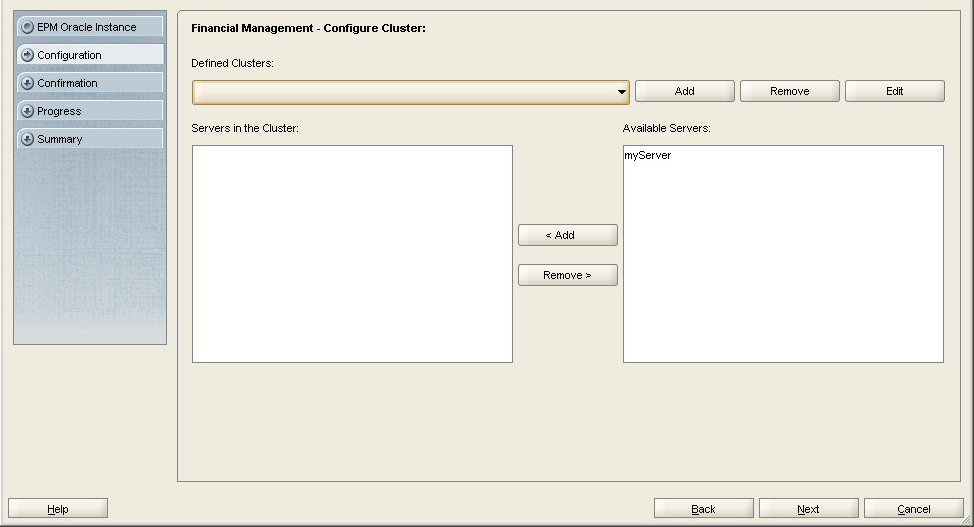 EPM Systemコンフィグレータの「Financial Management - クラスタの構成」画面