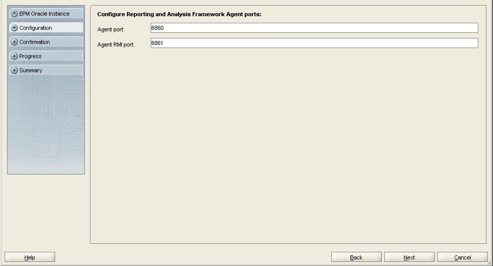 EPM Systemコンフィグレータの「Reporting and Analysis Frameworkエージェント・ポートの構成」画面