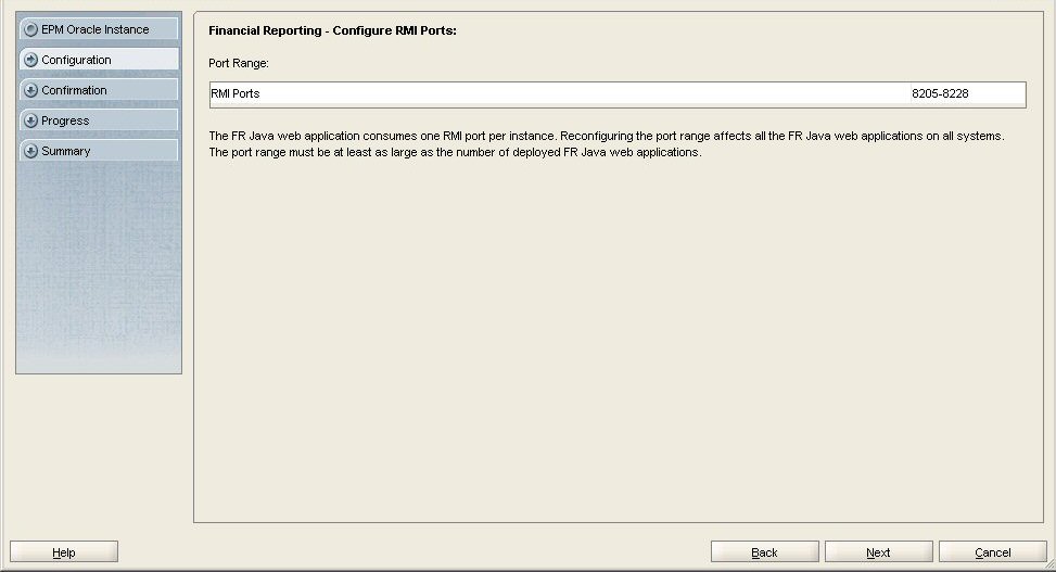 EPM Systemコンフィグレータの「Financial Reporting - RMIポートの構成」画面