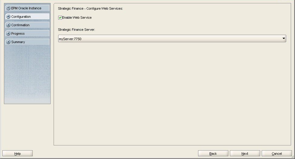 EPM Systemコンフィグレータの「Strategic Finance - Webサービスの構成」画面