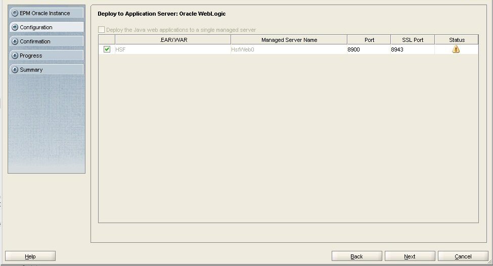 EPM Systemコンフィグレータの「アプリケーション・サーバーへのデプロイ: Oracle WebLogic」画面