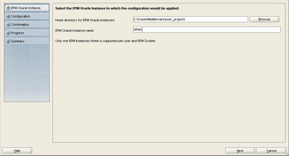 EPM Systemコンフィグレータの「Oracleインスタンス」画面