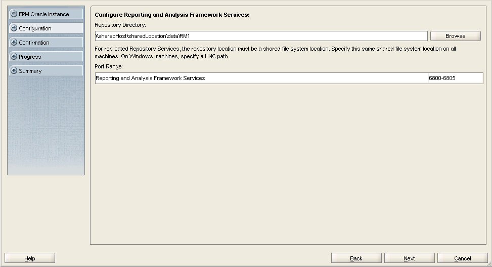 EPM Systemコンフィグレータの「Reporting and Analysis Frameworkサービスの構成」画面