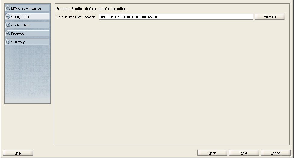 EPM Systemコンフィグレータの「Essbase Studio - デフォルトのデータ・ファイルの場所」画面