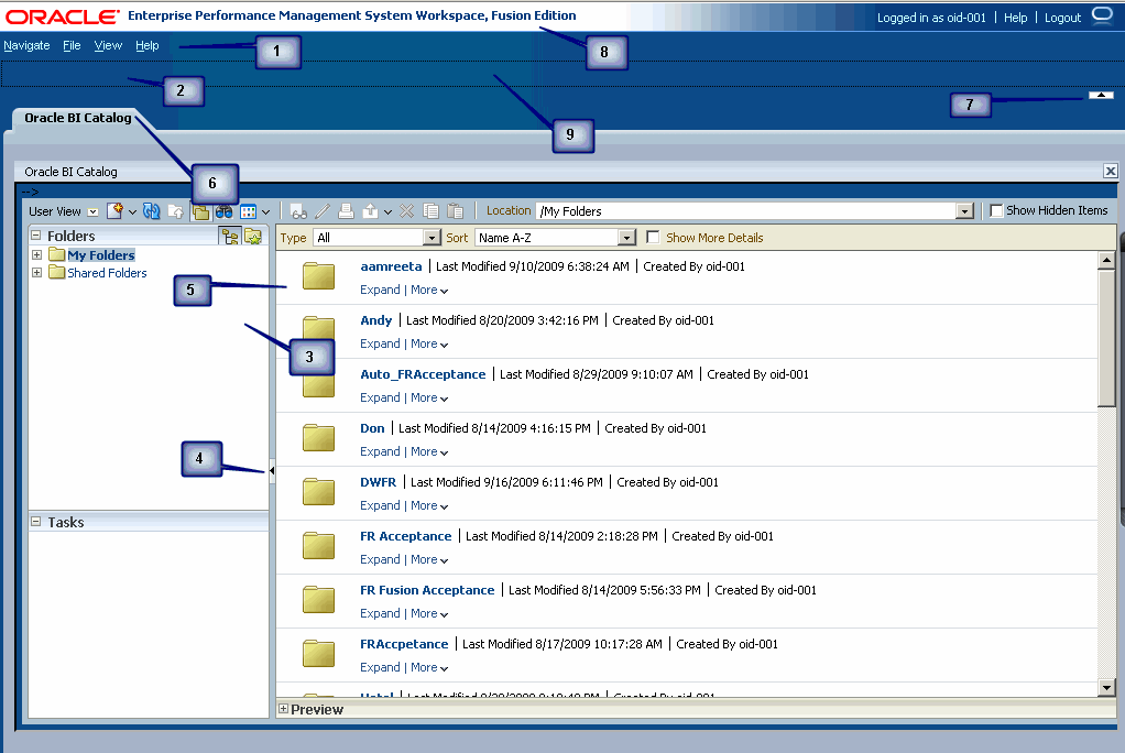 このイメージは、Workspaceのユーザー・インタフェースの例を示しています。このイメージの後に、ウィンドウ内に含まれる領域の詳細説明が左上から左下の順に示されます。