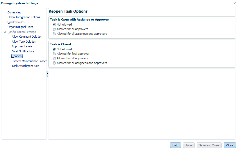 Reopen dialog showing radio button selections