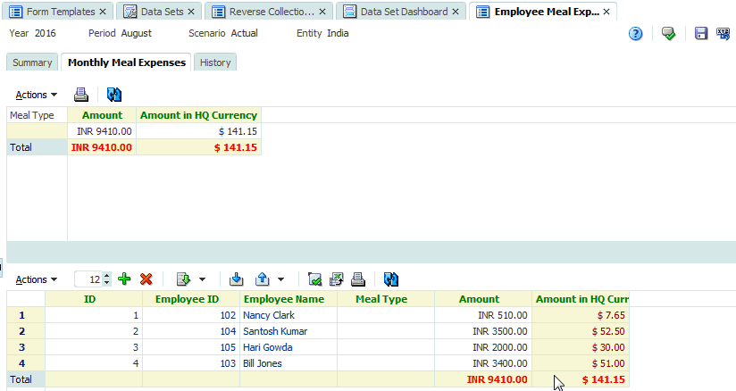 Input value shown in Amount column and translated to HQ currency