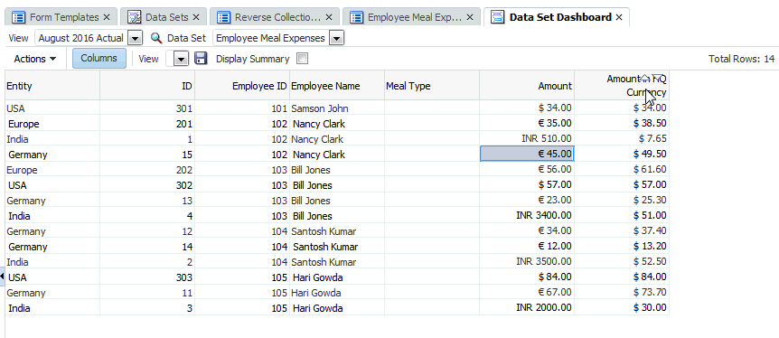 view in Data Set Dashboard of translated currencies from input amount in local currency to HQ currency in USD